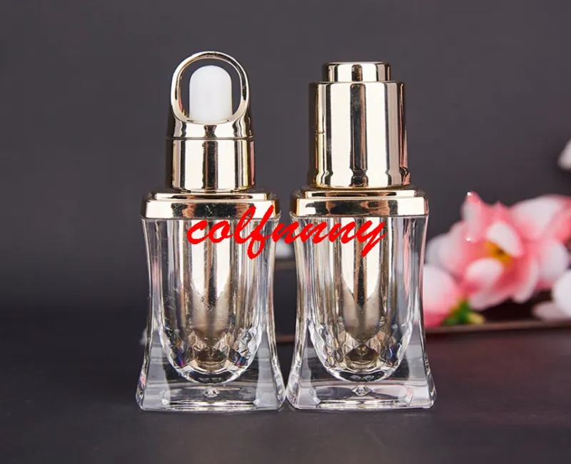 50 stks / partij Snelle verzending 10 ml hoogwaardige acryl gouden parfum / essentiële olie / cosmetica glazen verpakking fles cosmetische containers aangepast