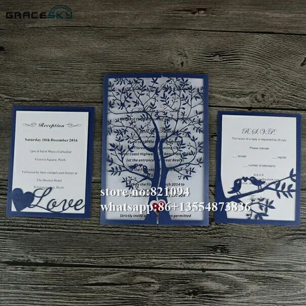 50 قطع شحن مجاني الليزر قطع شجرة سعيدة تصميم شجرة مطوية RSVP حفظ تاريخ بطاقات دعوة الزفاف مع بطاقات فارغة داخلية