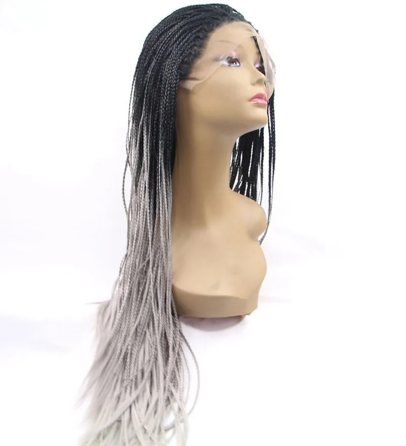 Jamaika, lange, vollständig handgeflochtene Lace-Front-Perücke in Ombre-Grau, synthetische Lace-Front-Perücke von Justice Box Braids für schwarze Frauen