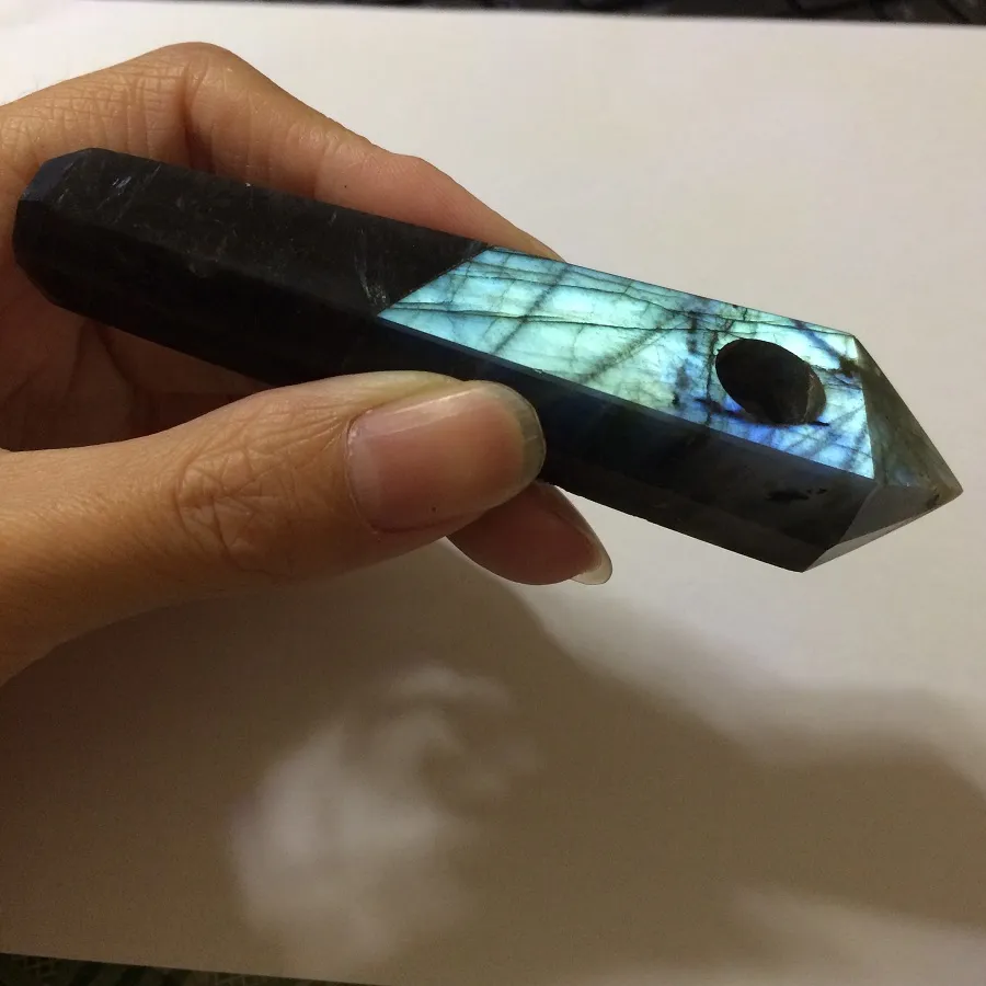 DingSheng Natural Labradorite Blue Astrophyllite Quartz Smoking Pipe Crystal Stone Obelisk Wand Point Cigars Pipes With 2 Metal Filters
