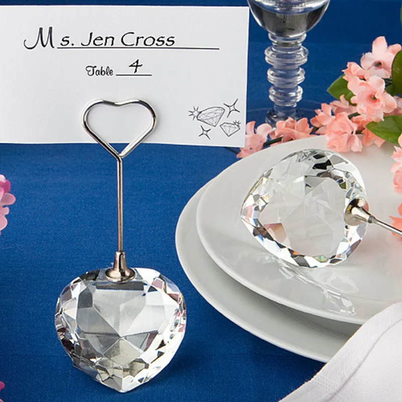 Clear Crystal Heart Shaped Place Card Houders Bruiloft Gunsten in Geschenkdoos Naam Kaart Houders Clips Groothandel