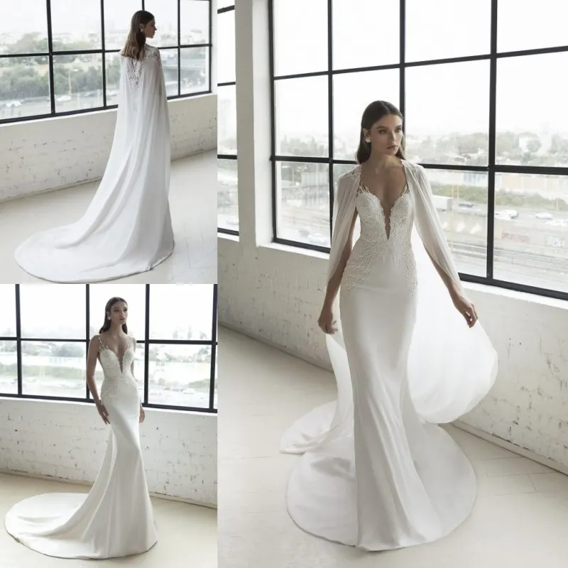 Julie Vino Mermaid Wedding Dresses With Cape Sheer V Neck Beach Wedding ...