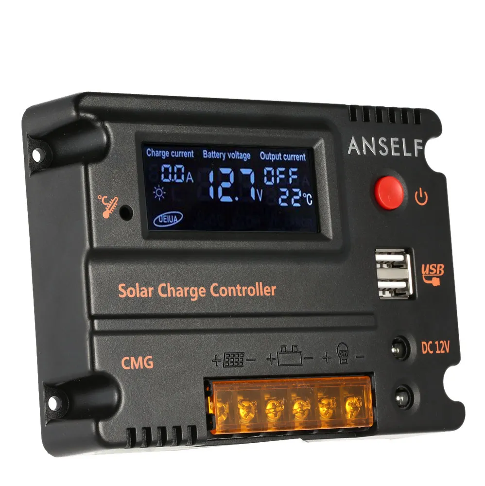 Freeshipping tela LCD 20A painel controlador de carga solar regulador de bateria interruptor automático proteção contra sobrecarga compensação de temperatura 12V / 24V