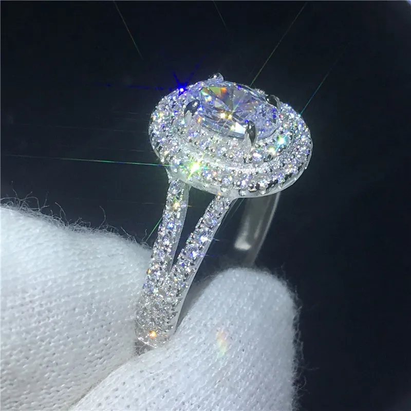 Vecalon Romantic Real Soild 925 Sterling Silver Ring Ovala Cut 1ct Sona 5A Zircon CZ Engagement Bröllop Band Ringar för Kvinnor Present