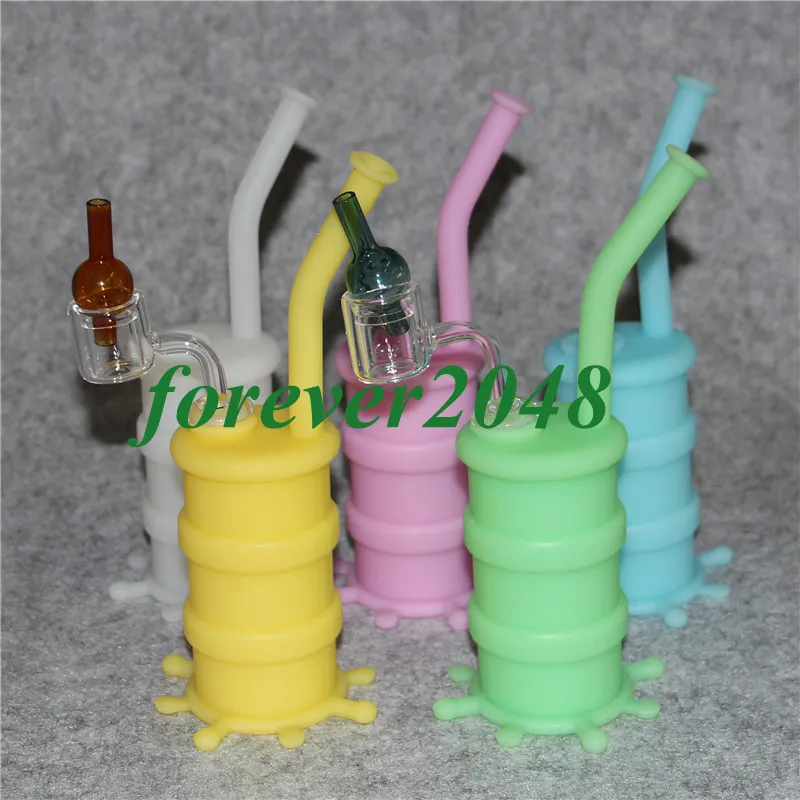 Glow in the dark Silicone Hookah Bongs plate-forme pétrolière en silicone pour conduite d'eau avec clou en quartz transparent à double tube de 14 mm et bouchon de carpe en verre