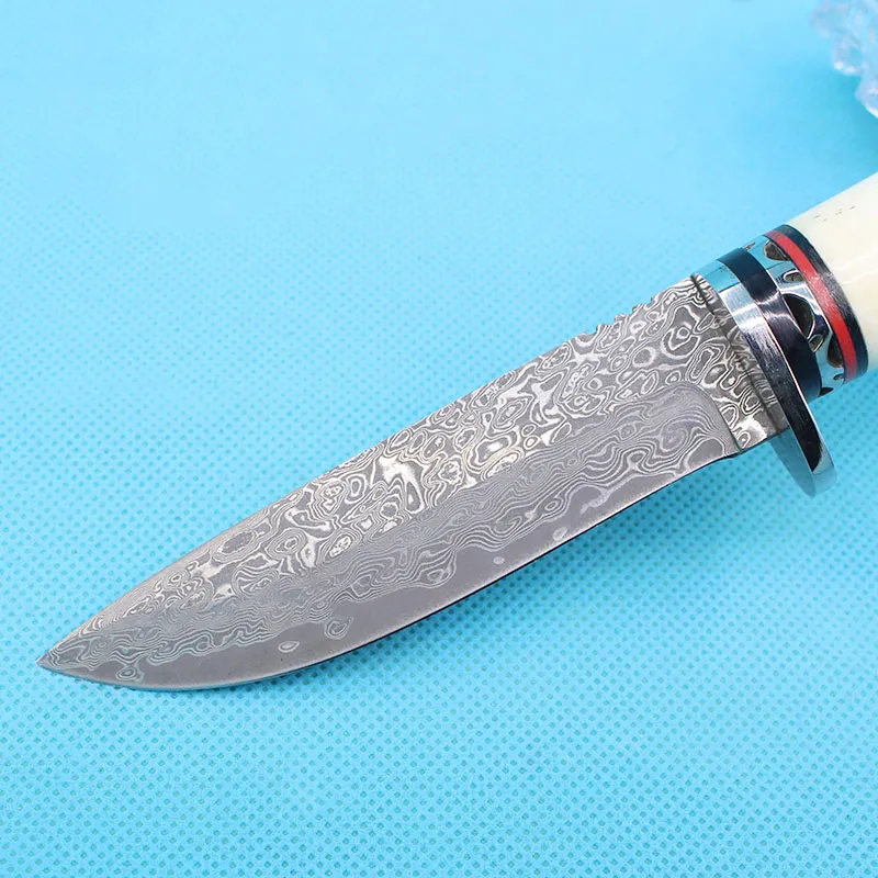 Toppkvalitet Damaskus samling Jaktkniv Damaskus-Stål Blade Benhandtag Utomhus Camping Vandring Överlevnad Straight Knives