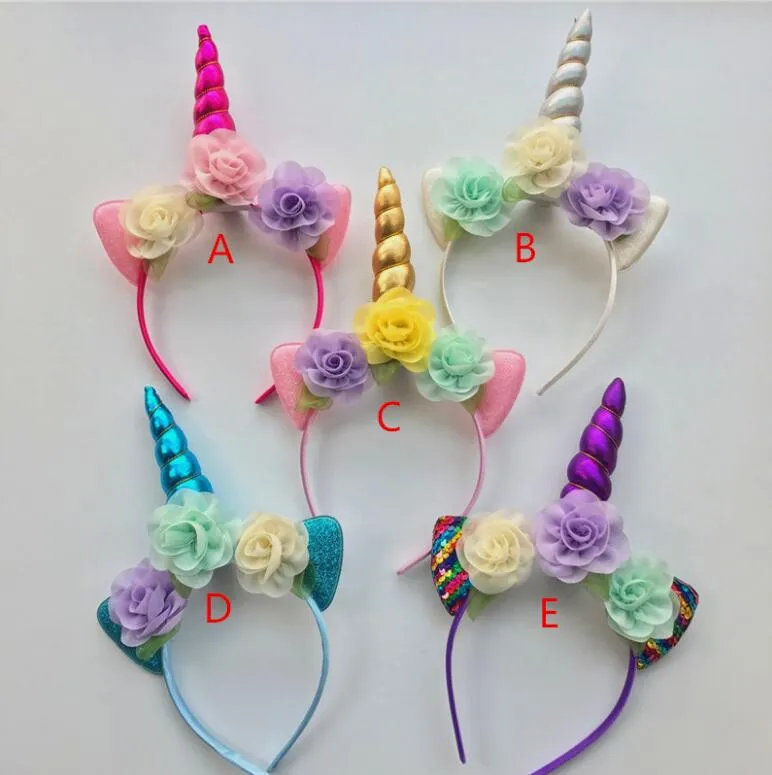 2018 glitter metalliska unicorn huvudband flickor chiffong blommor hårband för barn blad blomma unicorn horn party hår tillbehör ga215