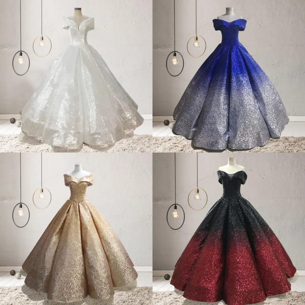 Uit de schouder Quinceanera jurken baljurk verkleuring pailletten prom jurken gegolfde vloerlengte prinses bling bruiloften bruidsjurken