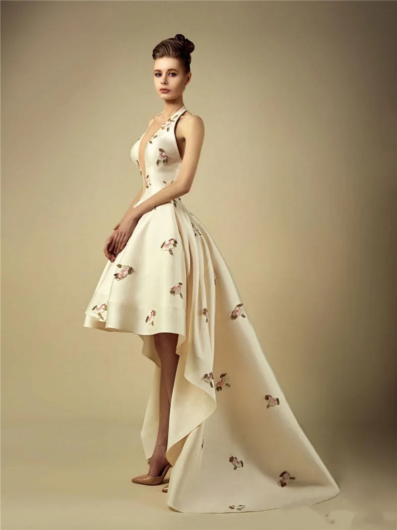 Wysokie Niski Prom Dresses Halter Neck Bez Rękawów Krikor Jabotian 2018 Haft Suknie Wieczorowe Linii Tanie Backless Formalnej Dress