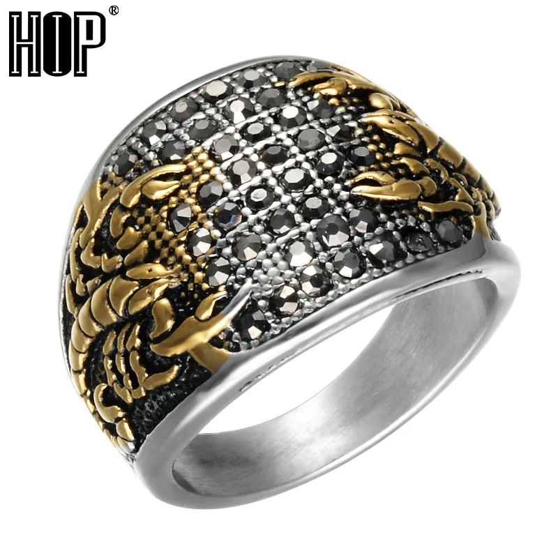 Punk Vintage Black Crystal Scorpion Pattern Mens Ring Gold Color Round Stainless Steel Titanium Rings for Men Jewelry