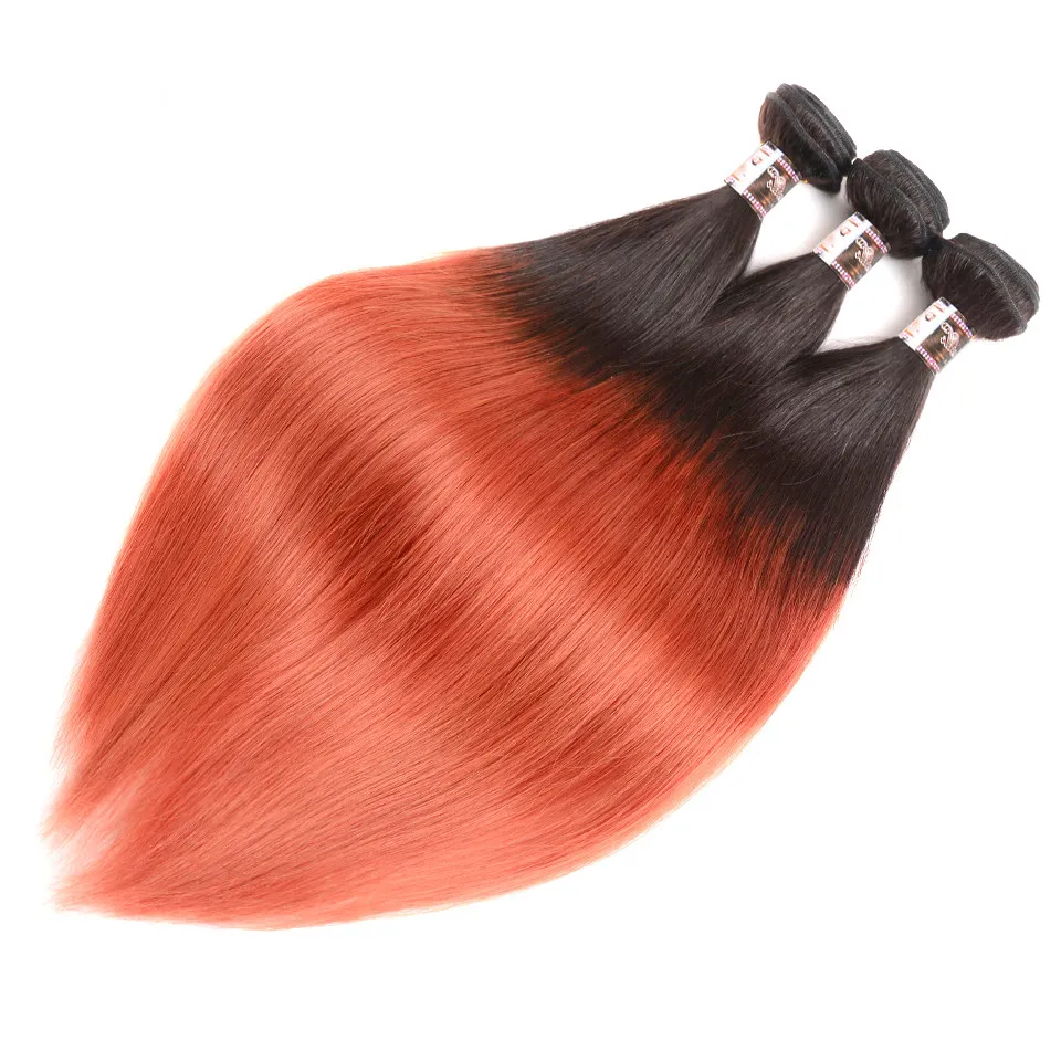 Tissages de cheveux péruviens vierges deux tons # 1B / Orange Ombre avec fermeture en dentelle 4x4 Racine foncée Ombre Orange Vierge Tissages de cheveux péruviens avec fermeture