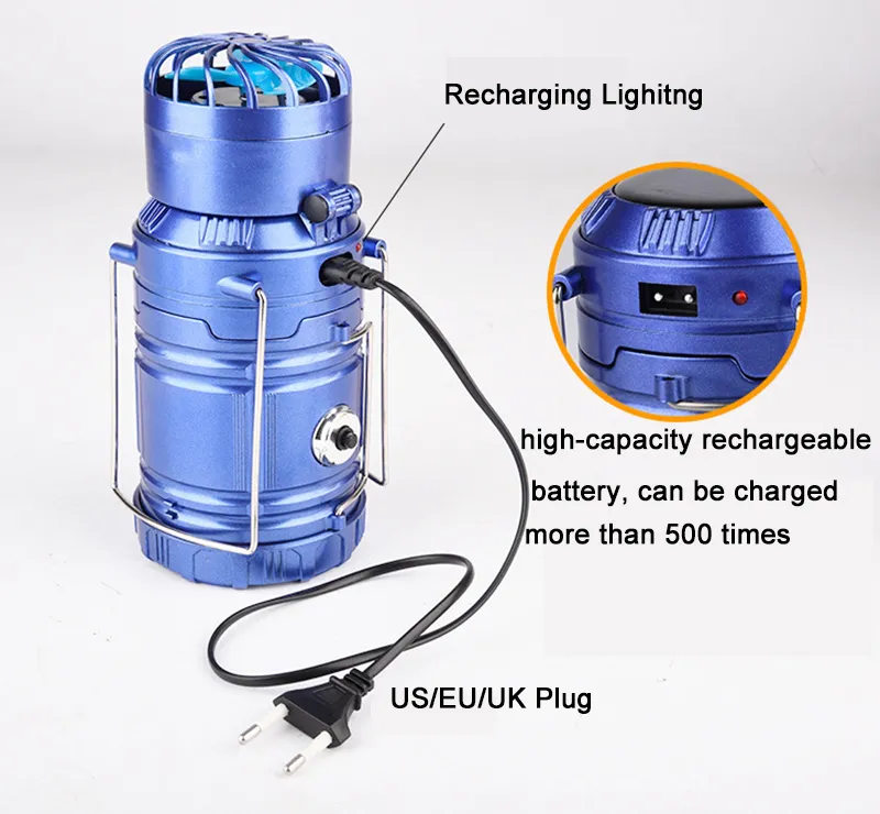 Lanterna solare da campeggio a LED 4 in 1 portatile luminosa ricaricabile e ventola con banca di alimentazione USB campeggio all'aperto