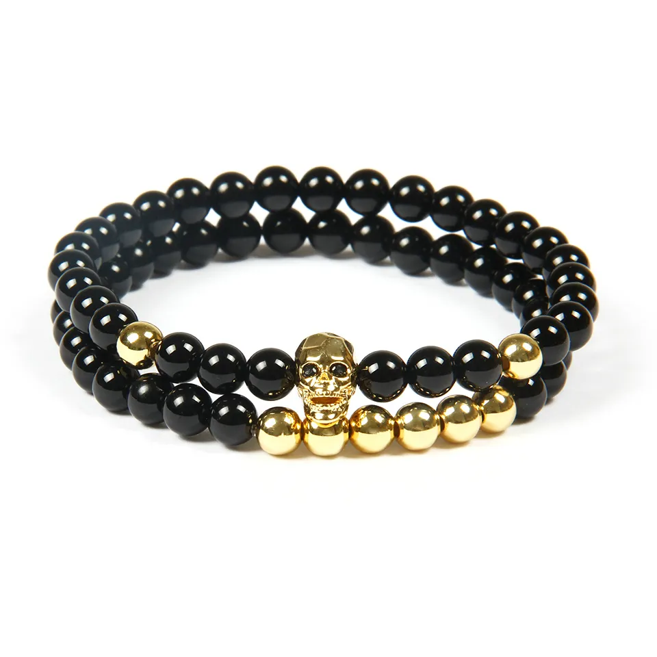 Hot Sale Jewelry Wholesale 10 Sets /lot 6mm Natural Black Onyx Stone beads Top Quality Black Cz Skull Beaded Bracelets