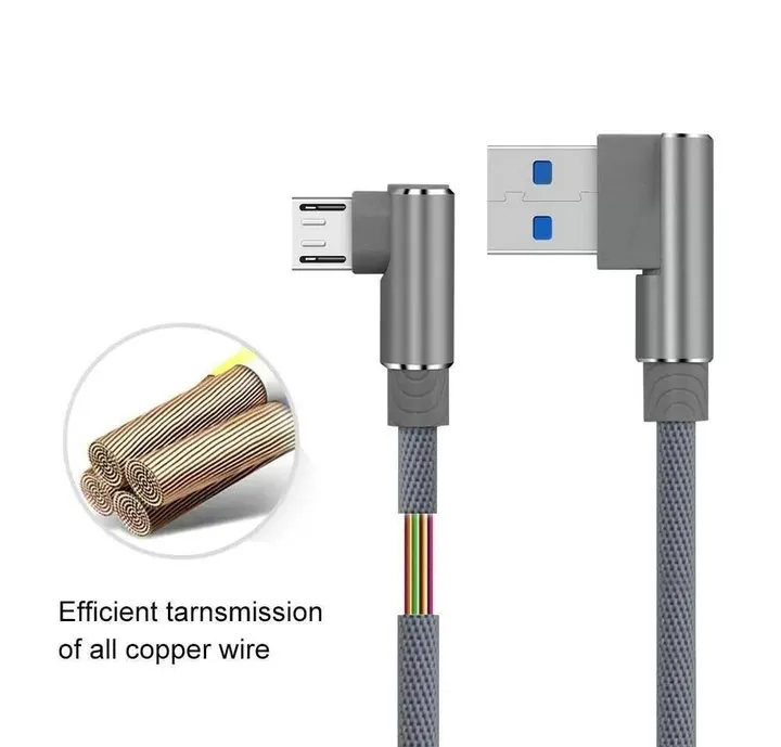 Cavo di ricarica per sincronizzazione dati veloce Micro USB tipo C ad angolo retto di 90 gradi intrecciato Cavo di ricarica per caricabatterie 2.4A per Samsung S10 Tutti gli smartphone