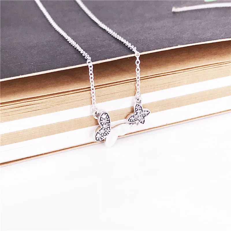 Schmetterlings-Silberhalskette, authentisches 925er-Sterlingsilber mit klarem Zirkonia, DIY-Edelschmuck 590520cz45, Charm-Halskette