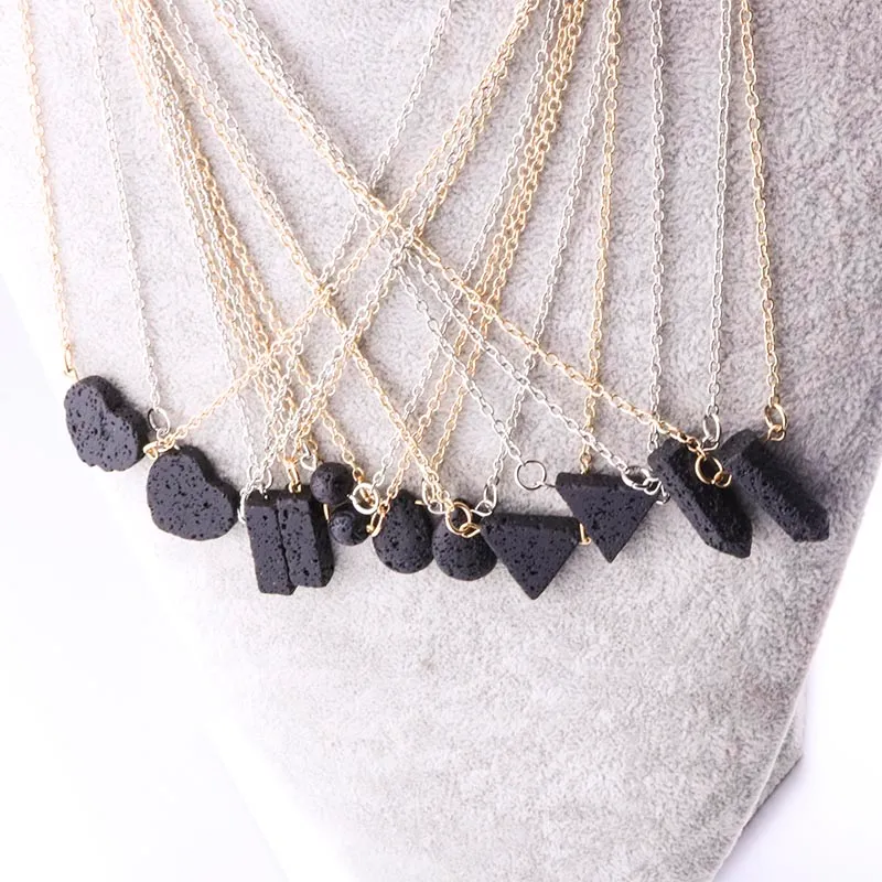 Zilver Vergulde Driehoek Hart Zwart Lava Stone Ketting Aromatherapie Essentiële Olie Parfum Diffuser Ketting voor Vrouwen Sieraden