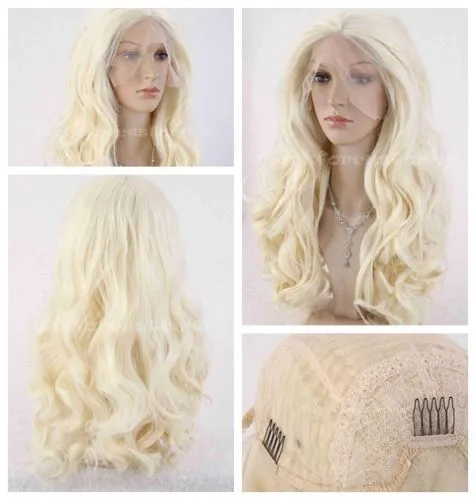 Lycs goedkope verkoop dansen feest cosplays lang licht blond golvend haar warmtebestendige synthetische kanten pruik natuurlijk