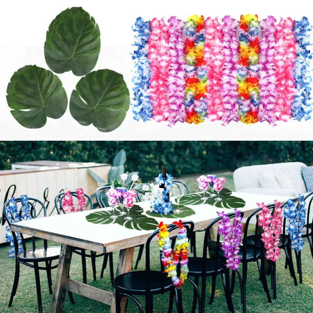 Save Big on Bulk Hawaiian Party Decor Grass Hula Skirt Set: Hawaiian Theme  Party Decor With Artificial Palm Leaf Table Skirt, Fabric Flowers And ..., image size:1000x1000