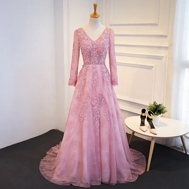 Elegant Qatar 2024 A-Line V-Neck Lace Applique Crystal Formal Evening Formal dress with Long Sleeves and Long Tailed - HY09