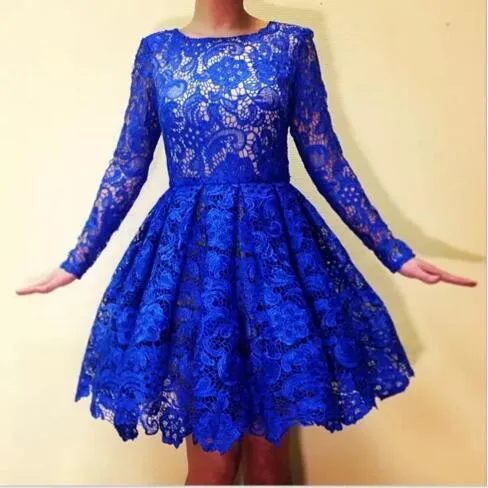 댄스 파티 드레스 로얄 블루 레이스 짧은 동창회 드레스 쉬어 긴 소매 샴페인 안감 저렴한 고품질 파티 드레스