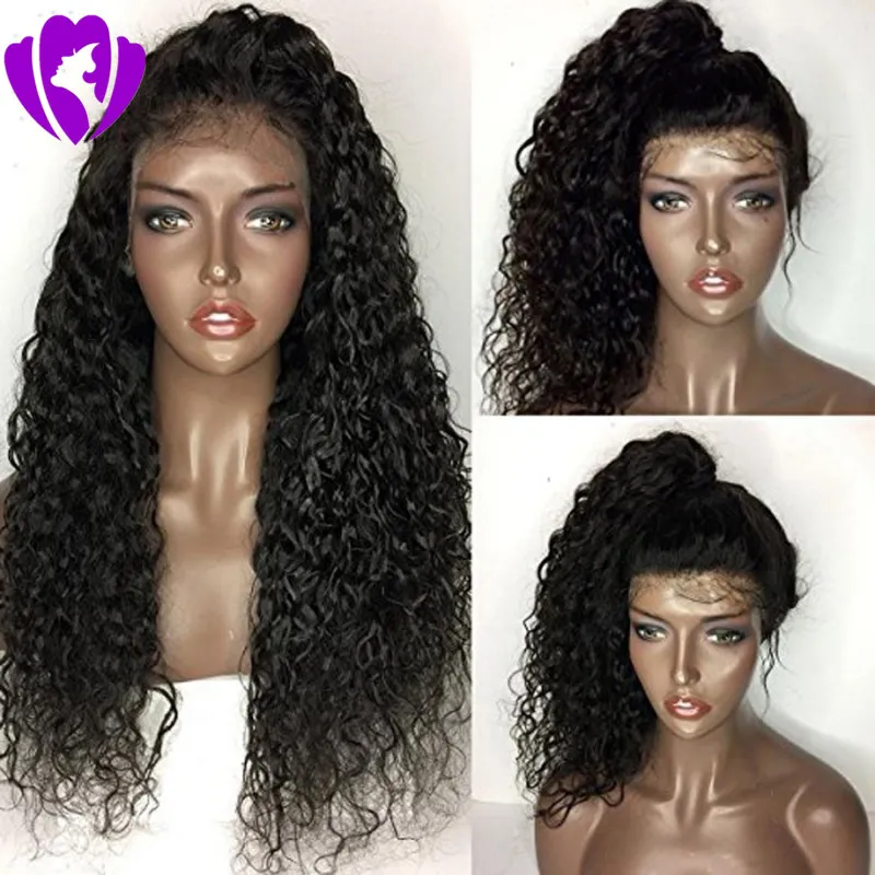 블랙 여성을위한 도매 부드러운 자연 찾고 검은 색 긴 변태 곱슬 가발 브라질 전체 레이스 프런트 가발 합성 머리