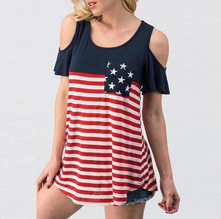 Vrouwen Tops Off Schouder Strapless Tshirt Mode Vrouwen Amerikaanse Vlag Print O-hals Koude Schouder Tee Shirt Roupas Feminina