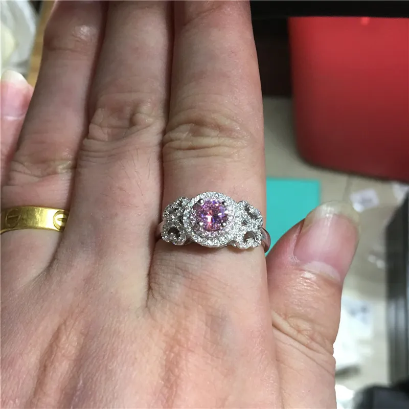 2017 joyería fina 100% Real Soild 925 anillos de plata esterlina 1ct rosa 5A Diamonique Cz compromiso anillo de boda para mujer