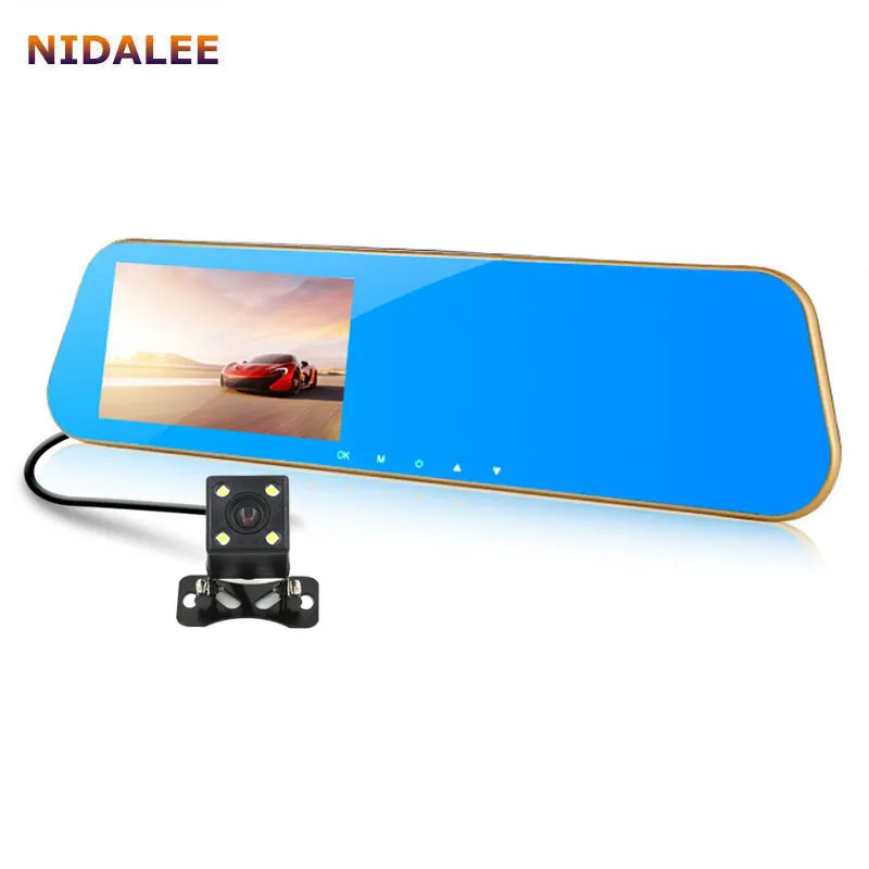 Nidalee Mirror Car DVR-kamera FHD 1080p Video Registratörsinspelare Dubbla lins Parkering Monitor Auto Black Box Logger Night Vision