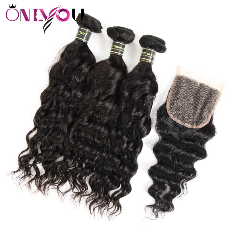 Raw Indian Virgin Hair Weave Closure Water Wave Human Hair Bundles with Closure Black Color Wet and Wavy Natural Wave Hair Extensions Vendor