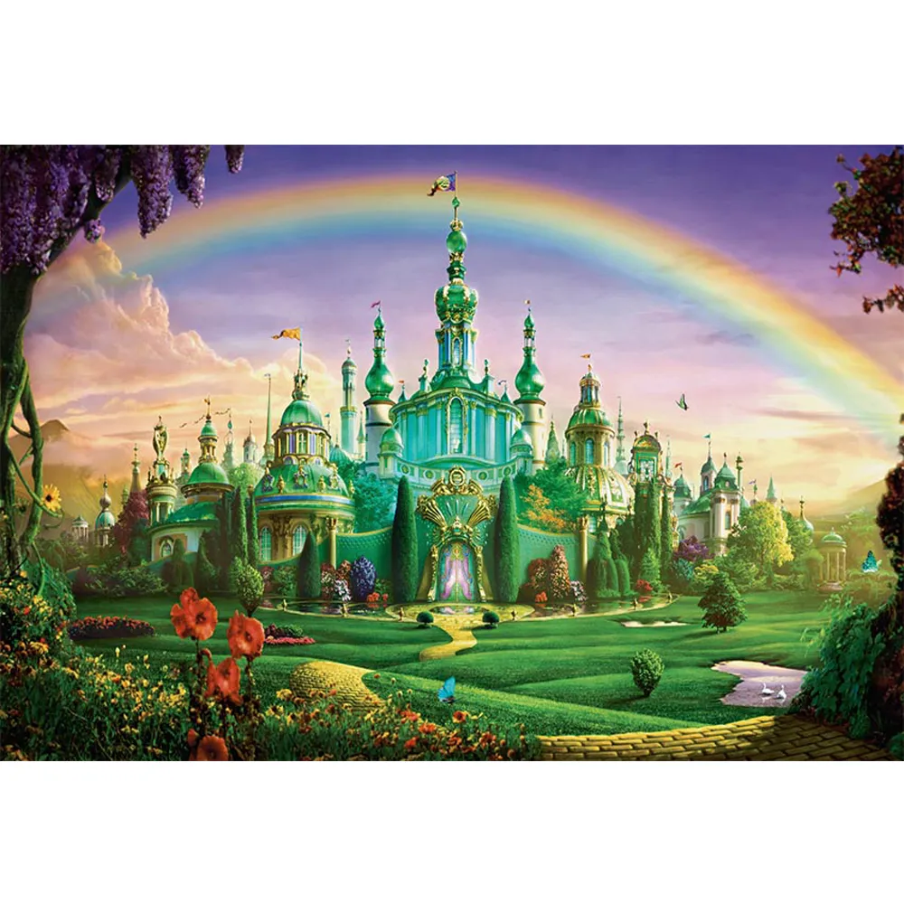 Fairytale Wonderland Rainbow Kids Castle Backdrop Photography Brick Path Flowers Princess Girl Birthday Party Themed Photo Booth Background