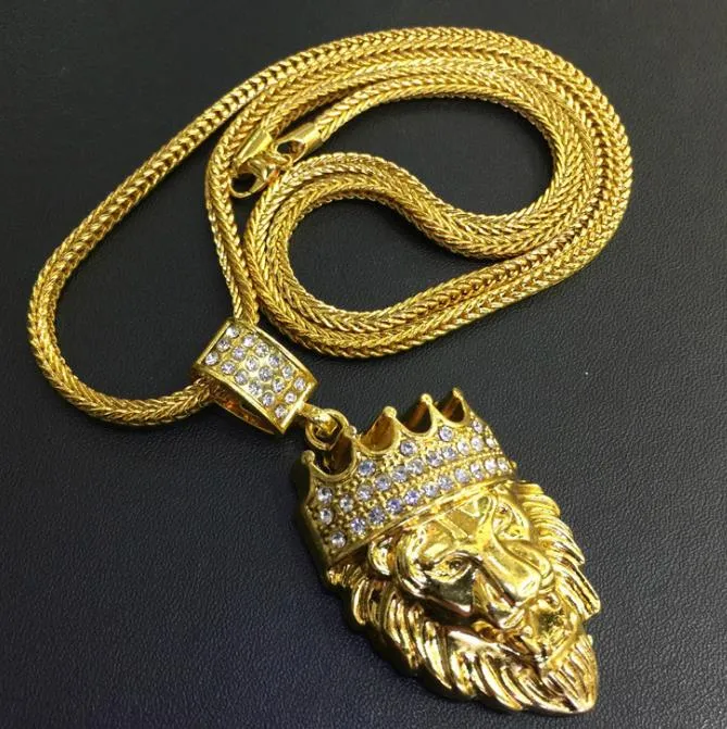 NIEUWE ARVALS HOOG HOP GOUD GOLD Black Eyes Lion Head Pendant Men Ketting King Crown Iced Out Fashion Jewelry Gift Anima8355256