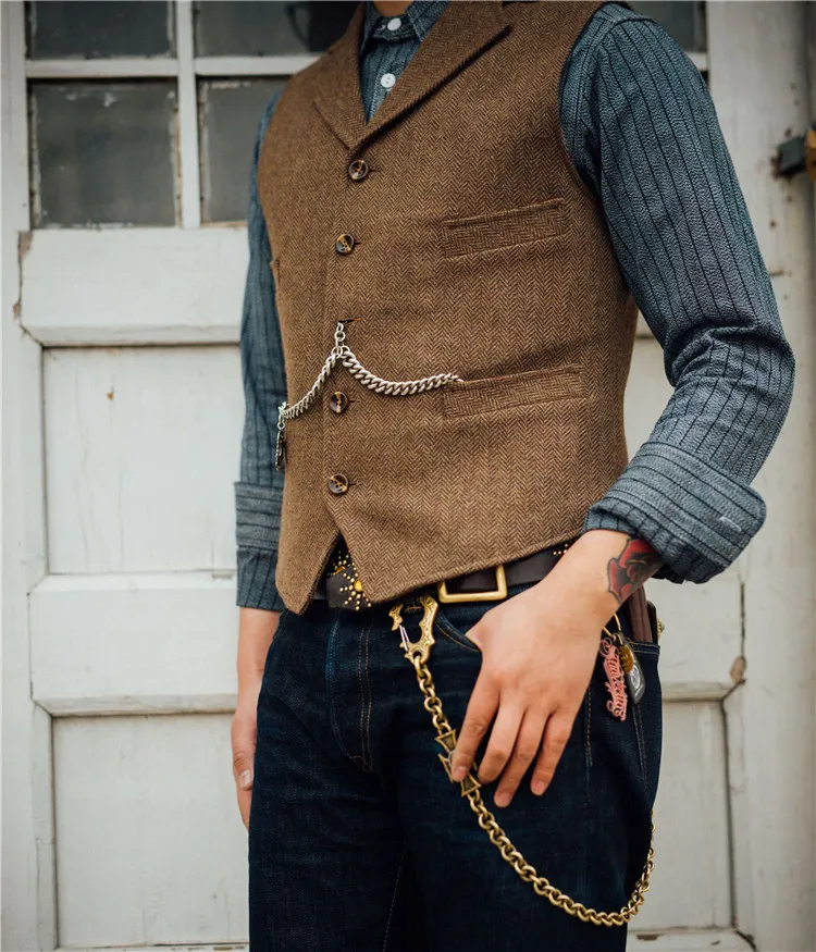 2021 Latest Farm Wedding Wool Herringbone Tweed Vests Dark Brown Groom Vest Slim Fit Mens Suit Vest Prom Wedding Waistcoat Dress