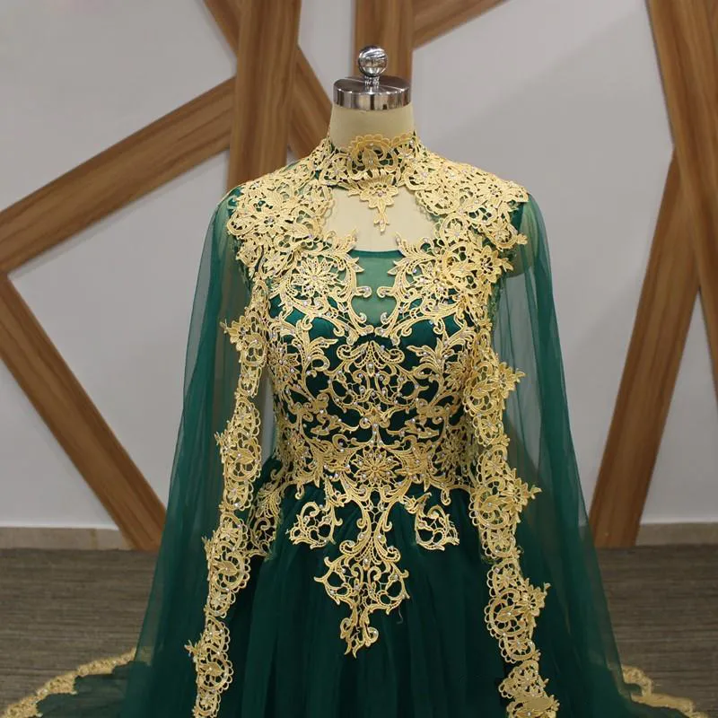 Emerald Green Evening Dress with Cape Gold Lace Appliqued Court Train Halter Neck Sleeveless Formal Dress for Women from Dhgate Evening Dresses - price 114.73 Emerald Green Evening Dress with Cape Gold Lace Appliqued Court Train Halter Neck Sleeveless Formal Dress for Women from Dhgate Evening Dresses - price 114.73