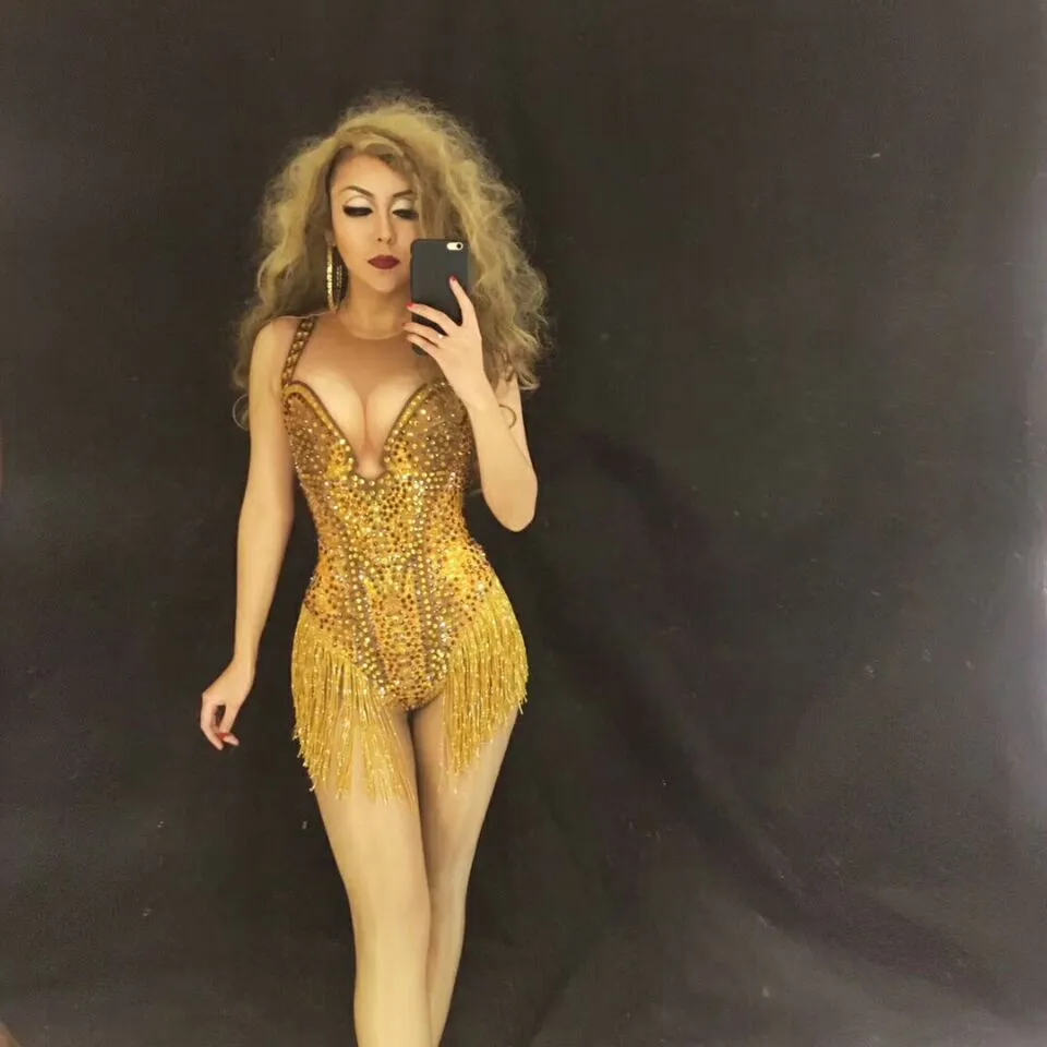 Golden Crystals Diamond Tassels bodysuit Sexy Nightclub singer DJ Jazz dance female costume Lead Dance show stage wear performance catsuit