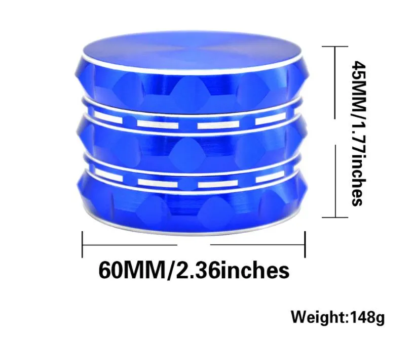 De nieuwe metalen sigarettenmolen met een diameter van 60 mm, materiaal van aluminiumlegering, helderblauwe vorm, rookblinder.