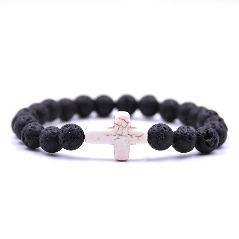 8mm Natural Lava Stone Strands Beads Cross Charm Bracelets For Women Men Bangle Fashion Elastic Jewelry