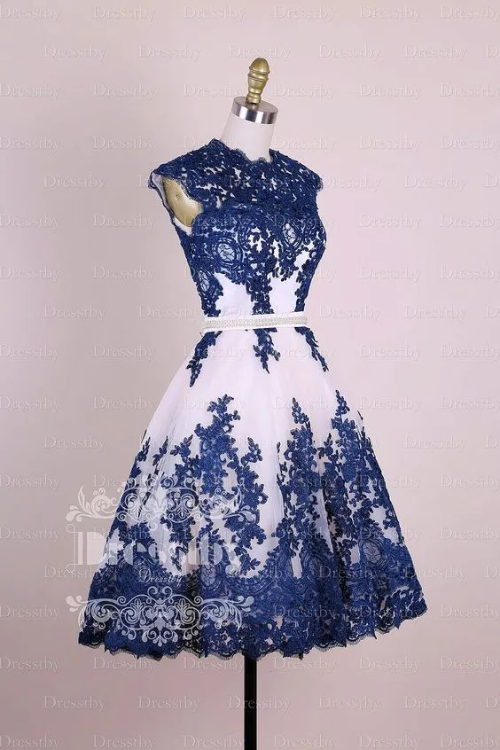 Robe de bal courte en dentelle bleu marine, robe de soirée, col haut, manches cape, ceinture en cristal, robes formelles courtes, robe de soirée pour filles, 2019