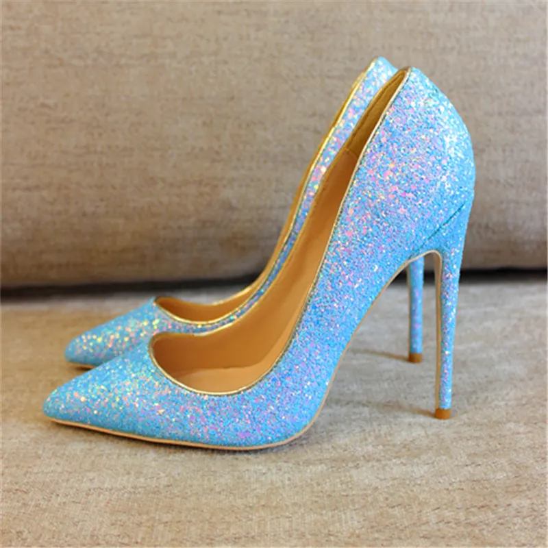 Fashion women Blue Glitter strass point toe shoes high heels thin heeled shoes pumps genuine leather 10cm Big size size 33-43