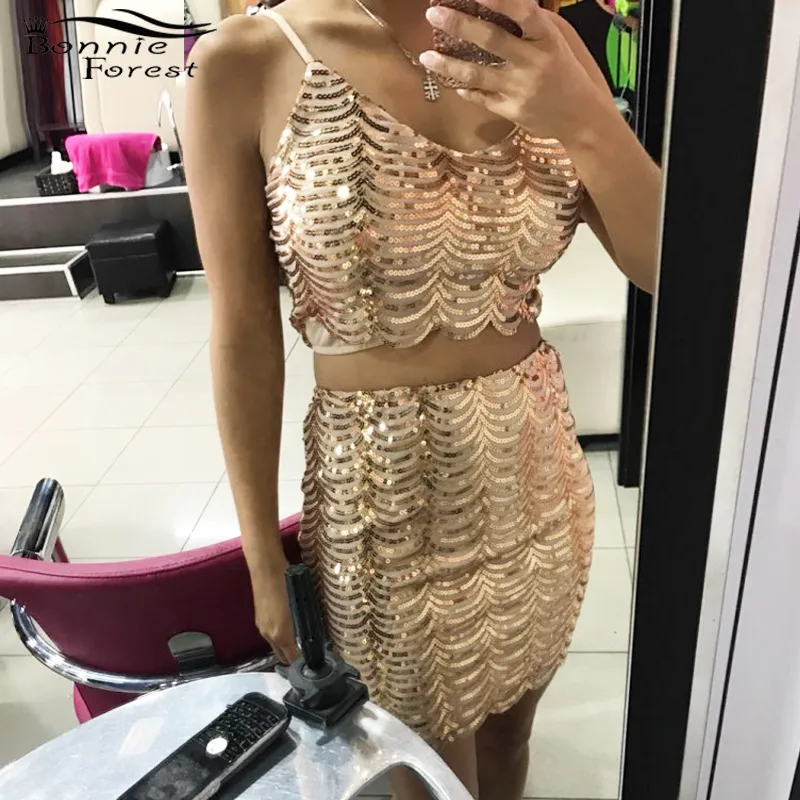 Women Two Pieces Dress Sexy Sequins Dress Sets Spaghetti Straps Crop Top Bodycon Package Hip Skirt Women Clothing Party Wear