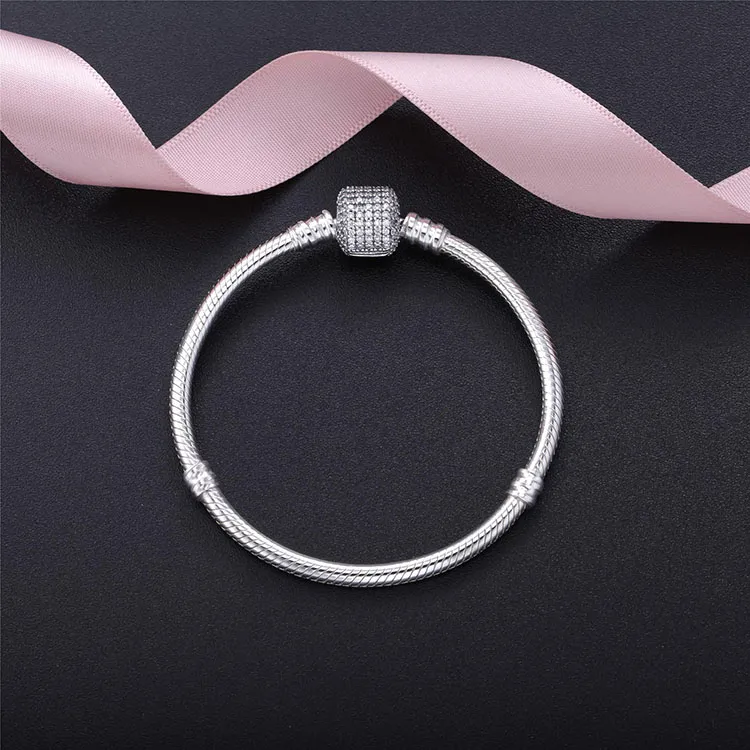 Beautiful Women CZ Pave Clasp Bracelet with LOGO Engraved In 925 Sterling Silver for Women Pandora Bracelets Bangle Wedding Gift