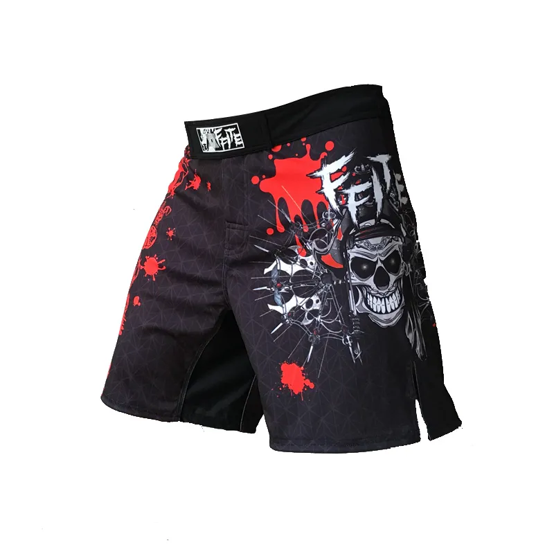 FFite męskie spodnie bokserskie drukowanie szorty MMA mężczyźni walczyć tanie krótkie czarne kickboxing Muaytai spodnie tajskie spodenki bokserskie MMA
