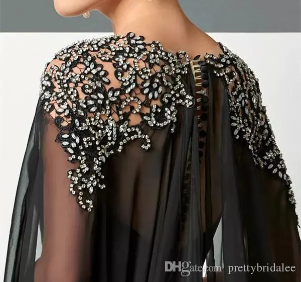 Schiere schwarze arabische schlanke formale Abendkleider Elie Saab Perlen Chiffon mit Cape Prom Party Kleid Festzug Promi Kleid Runway Custom
