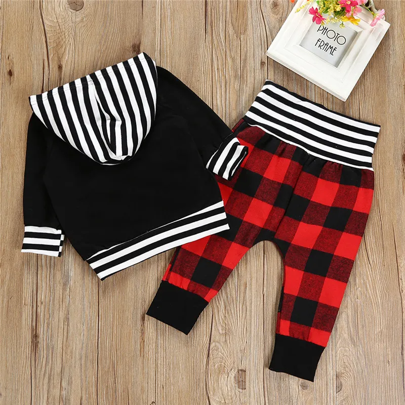 2018 frühling Herbst Kleinkind Jungen Kleidung Mädchen Kleidung Set Gestreifte Plaid Tasche Hoodie Tops + Hosen Jungen Outfits Set Kinder kinder Kleidung