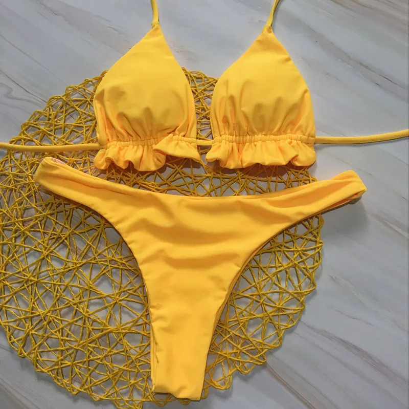 2019 Yellow Red Bikini Straps Swimsuit Ladies Ruffled Swimwear Two