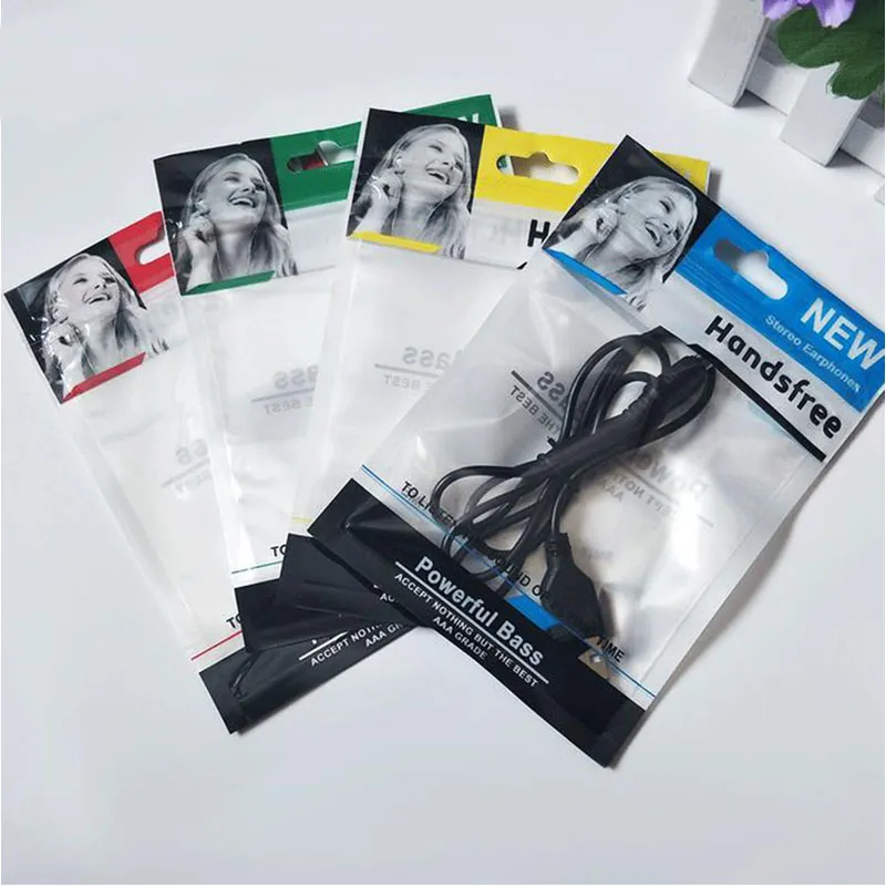 1500pcs / parti 10.5 * 15cm Zipper Plastic Retail Bag Paket Hang Hole Förpackning Headset Kabel Opp Packing Bag för stereohörlurar