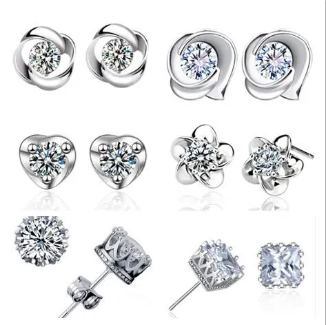 Classic 12 Style Selection Luxury Cubic Zircon Crystal Stud Örhängen S925 Platinum Plated Flower Love Heart Round Square Stud Örhängen