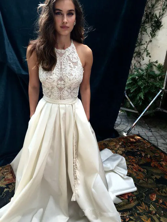 Boho Lace Wedding Dress Custom High Neck A Line Bridal Gown