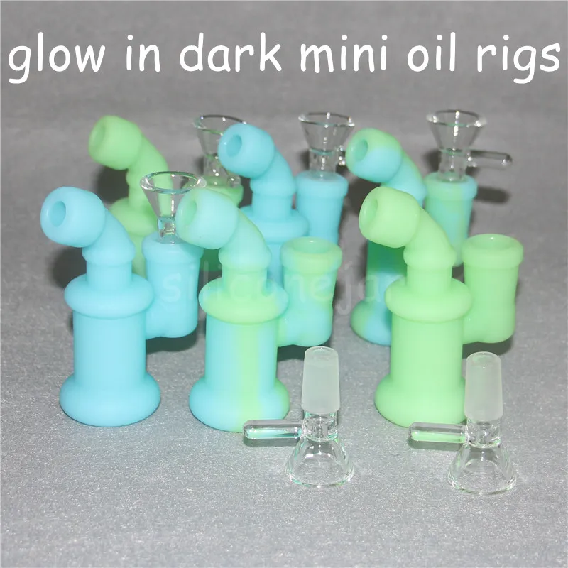 Mini Silicone Oil Rigs Hookahs Bongs Water Pipes Glow in dark 3.85 Inch Thick Pyrex Recycler Heady Breaker Bong Pipe Rig