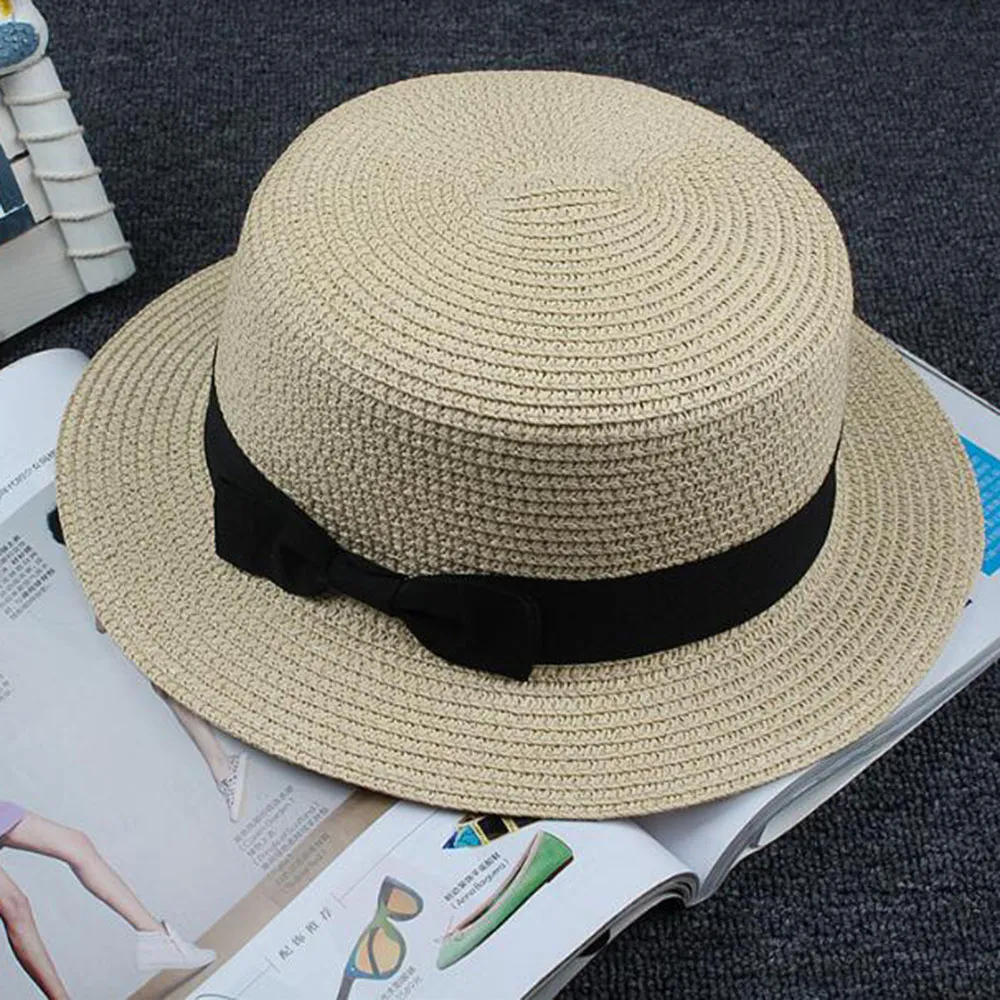 Lady Boater Sun Hat Ribbon Round Flat Top Straw Fedora Panama Hat Summer Caps For Women Straw Hat Women039s Hats Gorras6201336