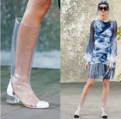 2018 여성 지우기 PVC 허벅지 높은 부츠 섹시한 투명 패션 스트리트 스타일 신발 T- 무릎 높은 부츠와 중반 부츠 부츠 여성